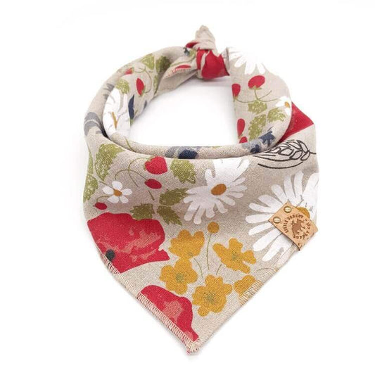 Wildflower Dog Bandana - The Wildflower dog bandana by Little Donkey Supply Co is an ideal accessory for spring/summer fun and photoshoots. Crafted from medium-weight undyed 100% stonewashed linen, featuring a charming summer flower field print. The cork