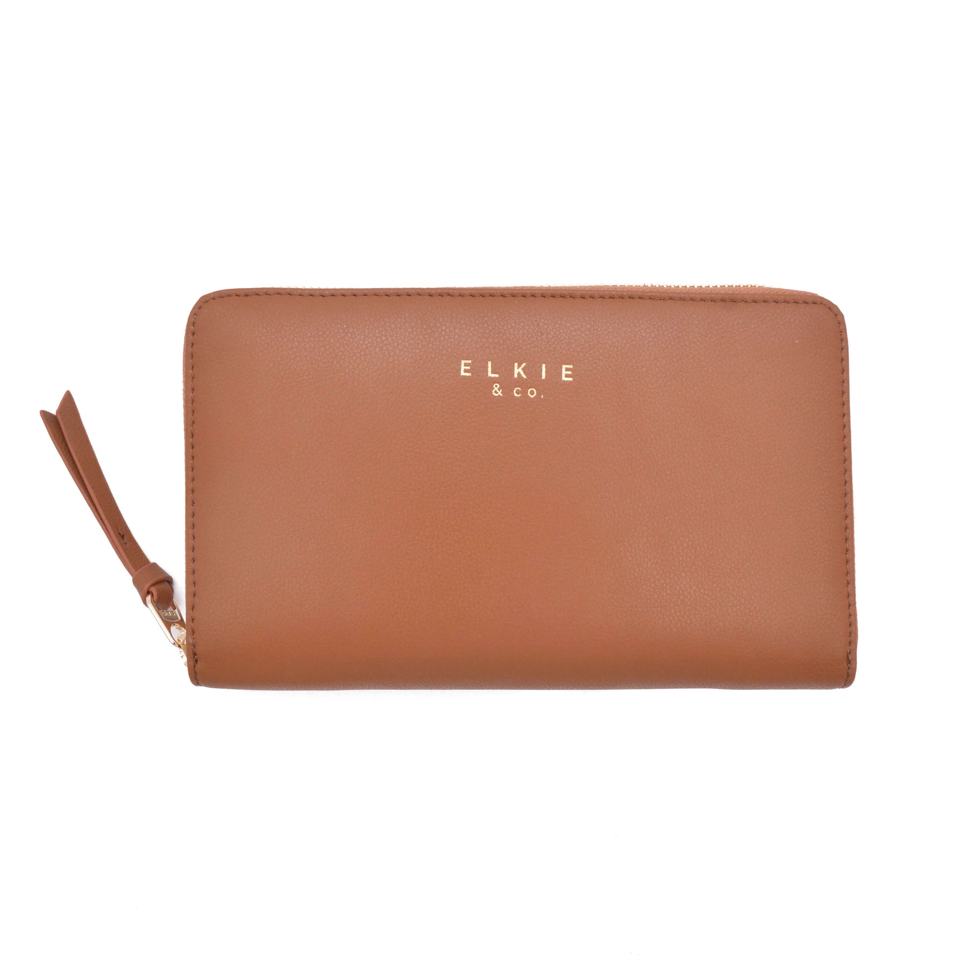 Elkie & Co. Vegan Leather Wallet in brown with gold zipper, perfect for travel and daily use, designed by a busy mum of 5.